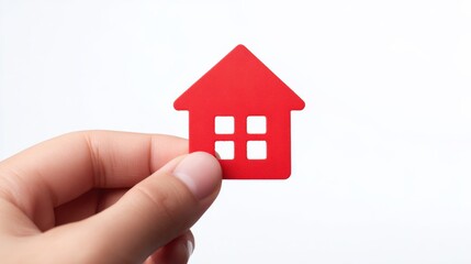 Hand Holding Small Red House Cutout Against White Background Symbolizing Home Ownership