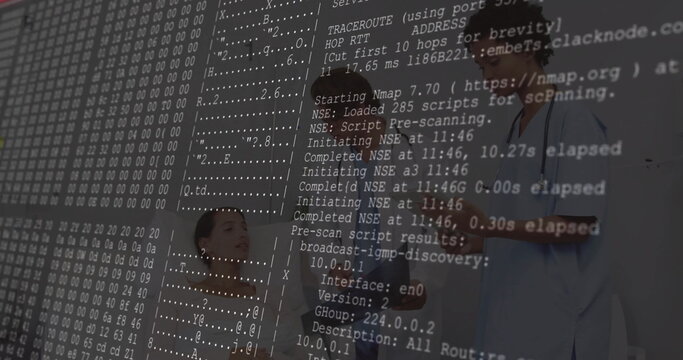 Doctor in lab coat explaining tablet scan to patient in exam room, with Nmap console overlay