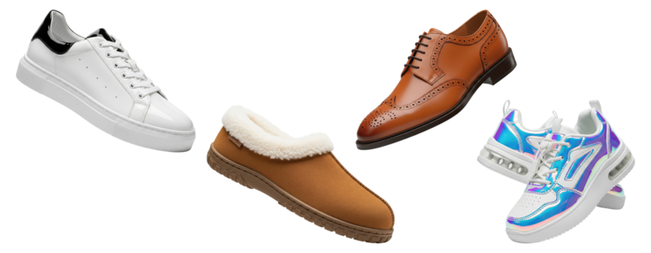 Collection of men's and women's footwear including dress shoes, sneakers, and cozy slippers.