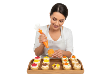Female pastry chef decorating a tray of festive autumn cupcakes with orange frosting.