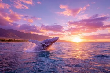 Fototapeta premium Majestic Humpback Whale Breaching Against a Vibrant Sunset Over Tranquil Ocean Waters and Silhouette of Mountains in the Background
