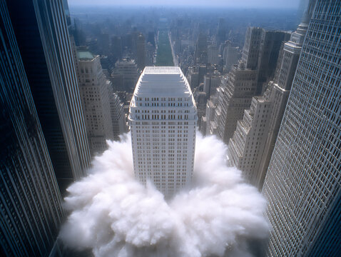 a building imploding in a spectacular and controlled demolition, epic fail for the building,