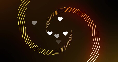 Showing central heart cluster pulsating at dark background, with yellow-green and orange-white arcs