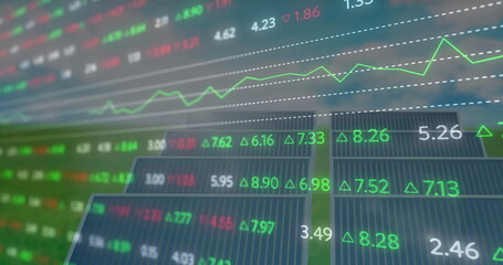Displaying financial market data showing stock price trends on trading screen with arrows and grids