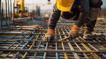 Reinforcing steel worker in safety helmet and work gloves, cutting and tying steel bars with wire, standing beside a construction site’s concrete formwork, preparing reinforcement for building structu