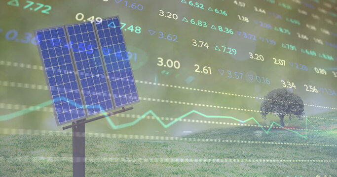 Standing solar panel on pole in field, showing financial data overlay and lone tree, copy space