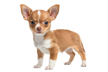 Obraz premium Cute brown and white Chihuahua puppy standing isolated on white background for pet, animal, and small dog breed concept