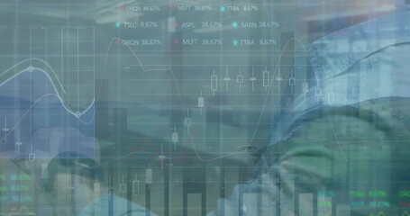 Surgeons monitoring patient and market trends in OR, with surgical caps, masks and chart overlays
