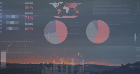 Obraz premium Overlaying world map and chart elements over rural fields at sunset with 45%,71%,68% labels