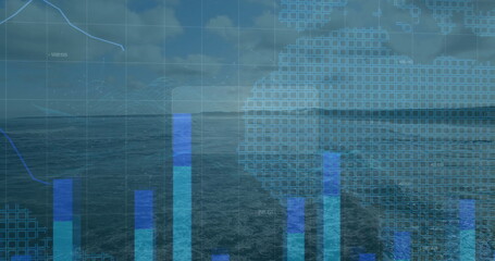 Displaying ocean stretching toward horizon in open sea, with translucent bar charts and line graphs