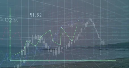 Fotobehang Zee & Oceaan Floating chart showing candlestick bars and line graph above sea with grid plane, percentage labels  © vectorfusionart