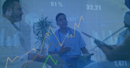 Medical team with stethoscopes discussing patient data in hospital meeting room, with data overlays