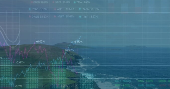 Financial data overlay covering coastal cliffs at seaside, with line graphs and tickers