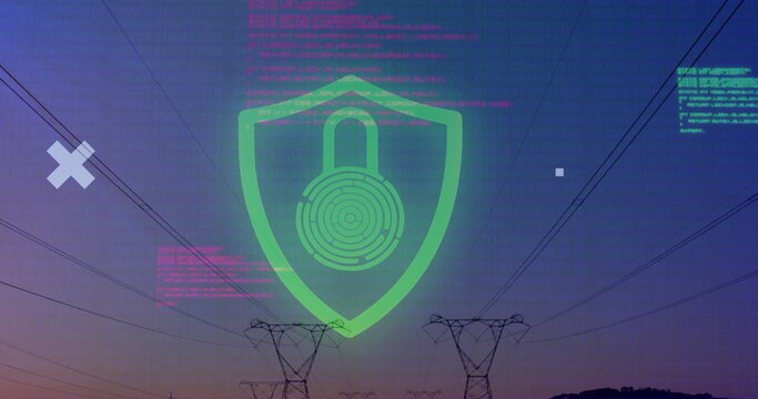 Glowing neon-green shield with padlock fingerprint hovering at dusk over grid towers, text blocks