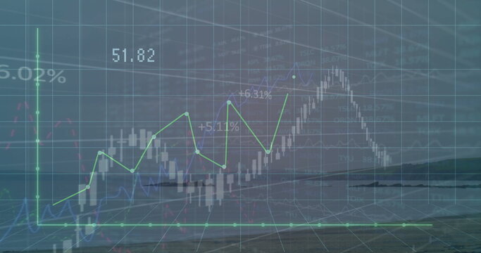 Fototapeta Floating chart showing candlestick bars and line graph above sea with grid plane, percentage labels