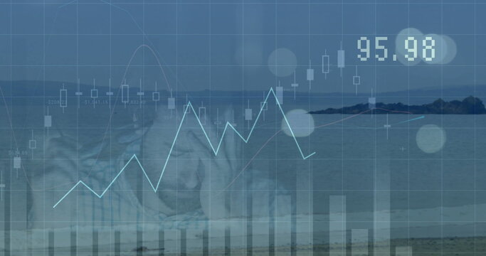 Showing chart overlay over beach, featuring candlestick bars line graph histogram displaying 95 - Powered by Adobe