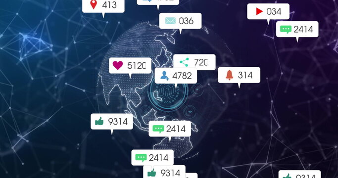 Floating 3D globe displaying nodes and lines in cyberspace, with fingerprint and notification icons