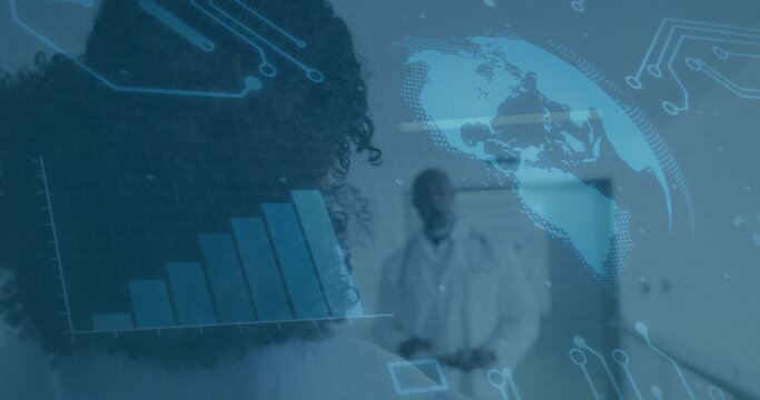 Curly-haired patient studying world map and bar chart in clinic, with stethoscope copy space