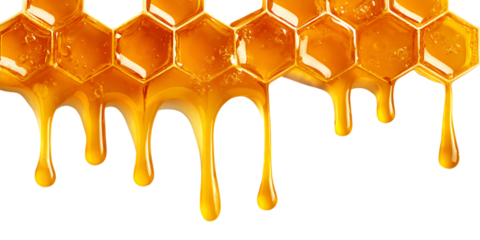 Honeycomb with Dripping Golden Honey on Transparent Background, PNG