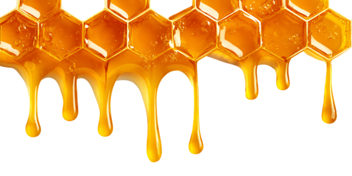 Honeycomb with Dripping Golden Honey on Transparent Background, PNG