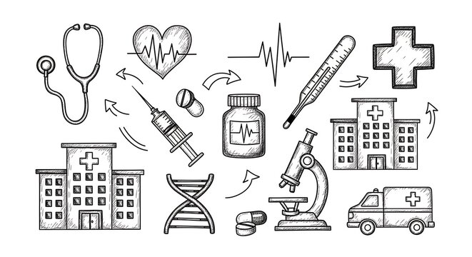 Illustrative seamless pattern design with medical themed drawings showcases healthcare items - Powered by Adobe