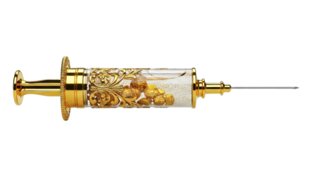 Luxurious golden syringe with gold nuggets for wealth concept or decadent treatment, showcasing opulence, medical breakthrough, and financial success