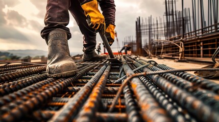 Reinforcing steel worker in safety helmet and work gloves, cutting and tying steel bars with wire, standing beside a construction site’s concrete formwork, preparing reinforcement for building structu