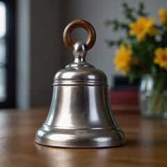 Close-up of a silver bell with a wooden handle on a wooden table
