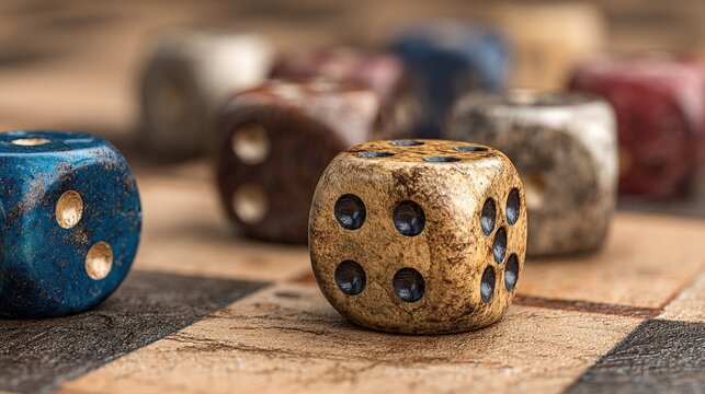 Close-up of weathered dice on a checkered board - Powered by Adobe