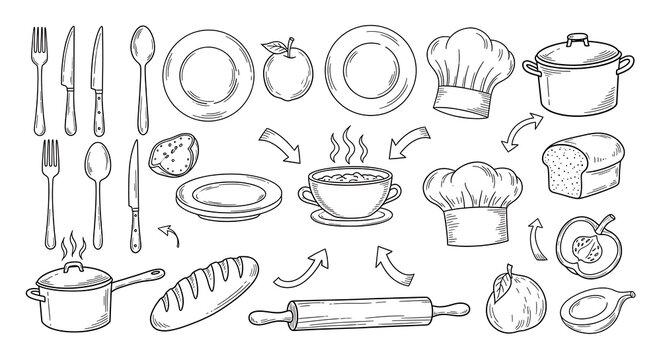 Hand-drawn sketch of cooking utensils and food items for culinary projects and educational