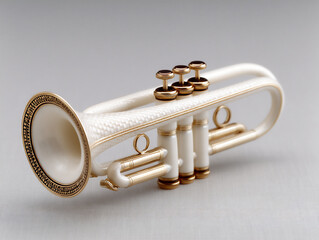 a musical instrument (e.g., a trumpet) constructed from seashells, unexpected instrument material,