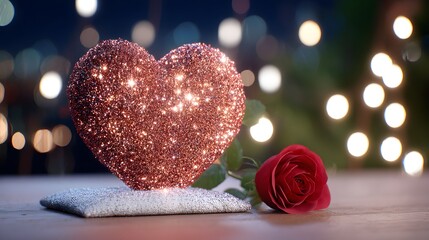 Obraz premium Romantic Red Heart with Rose and Glitter Lights Valentine’s Day Love Background in Cinematic Style