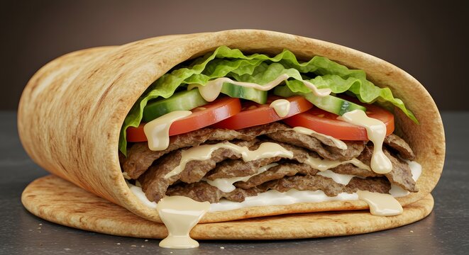 "Bliskowschodni shawarma w picie z soczystym mięsem i warzywami"