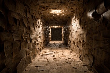 Abandoned corridor filled with scattered papers in dim light