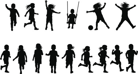 Silhouettes of children playing, running, swinging, jumping, happy kids outdoors, active childhood, diverse children having fun, energetic kids, joyful moments, playful activities