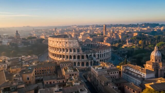 Breathtaking aerial view of the Colosseum in Rome, Italy, at sunrise showcasing the beauty and