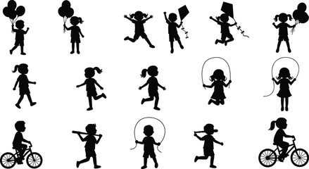 Silhouettes of children playing with balloons, kites, jumping rope, riding bicycles, active kids outdoors, joyful childhood moments, diverse playful children, fun energetic activities