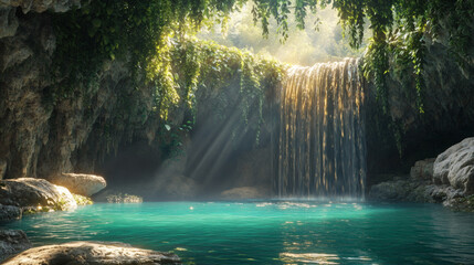 Enchanted Waterfall in a Cave with Sunlight and Turquoise Waters