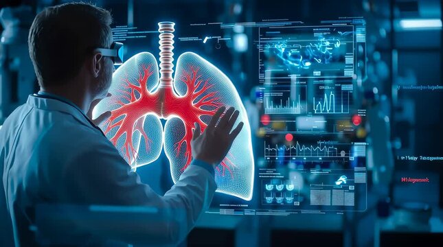 A doctor carefully examines a virtual lung x-ray projection with focused attention. The integration of advanced technology in medical diagnostics. Generative AI.