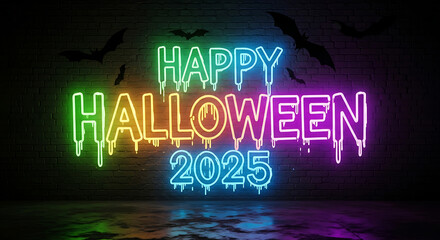 Colorful Neon Signage for a Spooky Halloween in 2025 A Vibrant Digital Artwork Displaying Holiday Greeting
