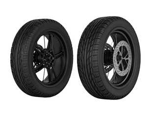 Obraz premium Two black wheels with tires, one showing a disc brake