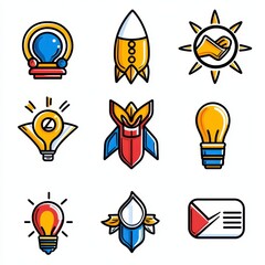 Nine Vibrant Pixel Art Icons  Innovation, Progress, and Ideas