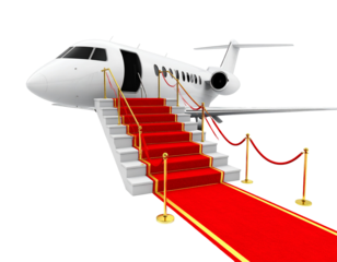 White jet with red carpet stairs