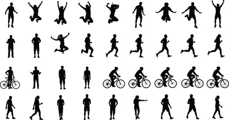 Silhouettes of people running, jumping, cycling, walking, exercising outdoors, fitness activity, sports lifestyle, health training, workout movement, athletic performance