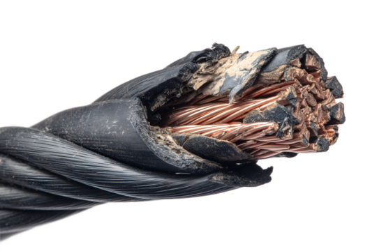 Damaged electrical power cable with exposed copper wires isolated on white background for electricity, safety, and repair concept