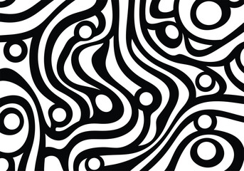 Abstract black and white organic wavy lines and circular shapes creating a hypnotic and flowing visual pattern