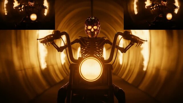 A skeleton figure with glowing eyes rides a motorcycle through a tunnel with flames in the background.