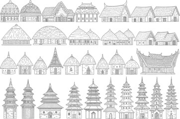 Collection of diverse traditional asian architectural styles and village scenes rendered in a detailed black and white sketch