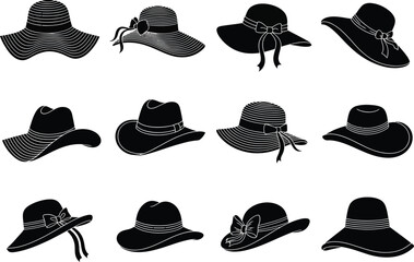 Collection of twelve vintage black and white illustrations of various wide brimmed sun hats and fashion hats