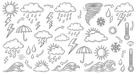 Weather icons seamless pattern representing climate conditions with hand-drawn sketches